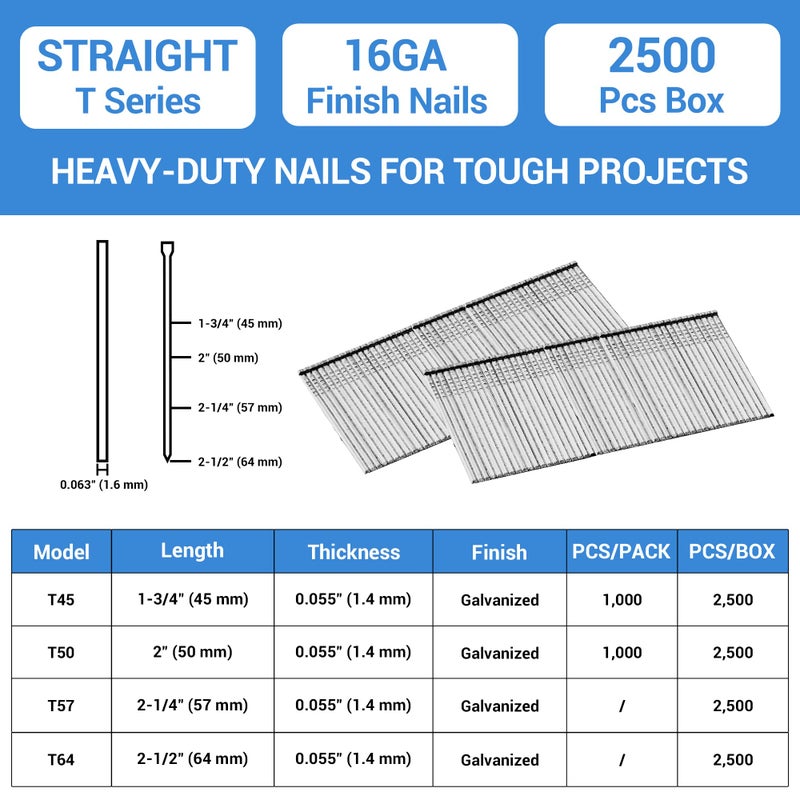 meite 16 Gauge Finish Nails 2-1/2 Inch Galvanized Straight Finishing Nails for Finish Nailer on Woodworking, Upholstery and Framing Projects, 1 Box/2,500PCS - Image 2